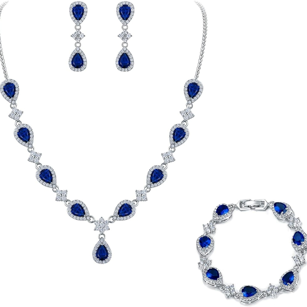 EleQueen Sapphire Blue CZ Teardrop Flower Jewelry Set
